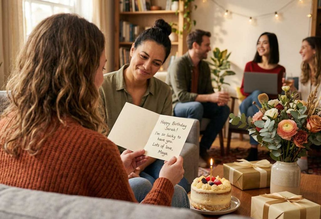 Friend giving a handwritten birthday card to another friend beside a cake and flowers.