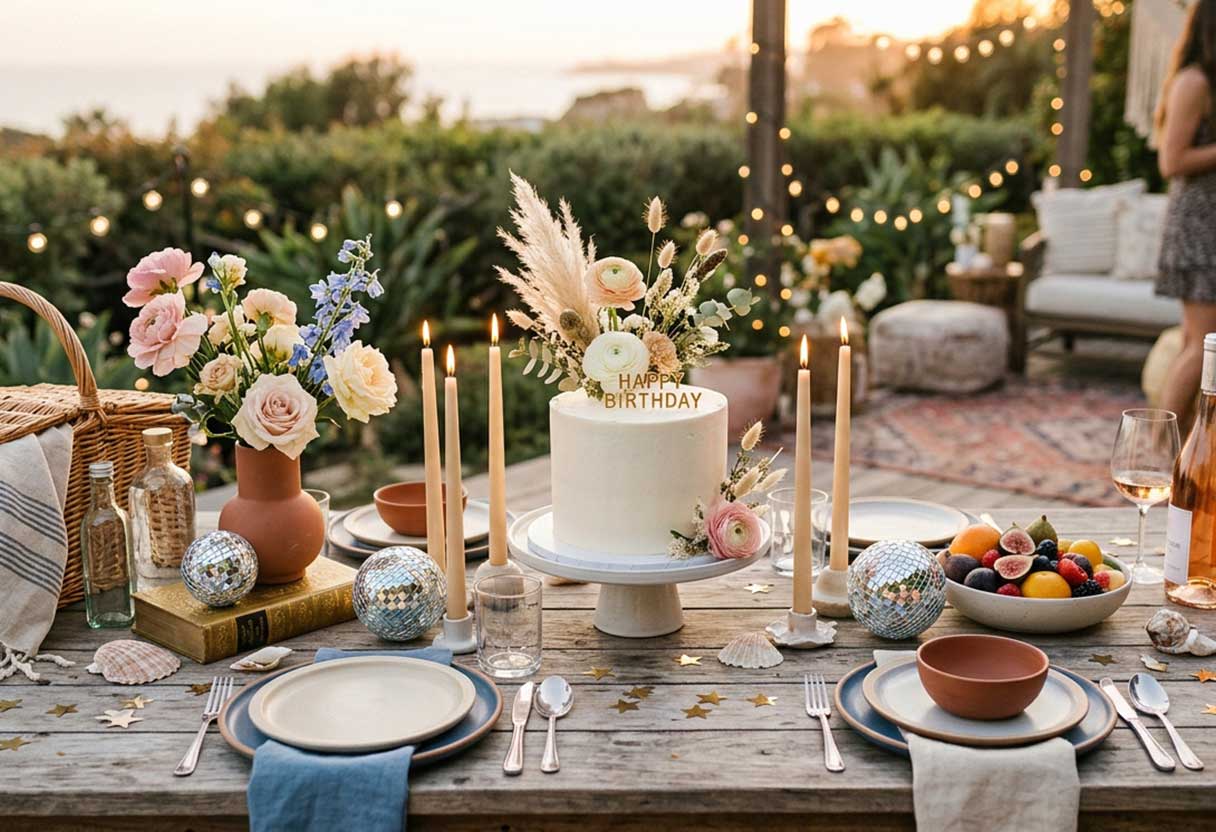 Stylish birthday setup with cake, flowers, candles, and eclectic décor