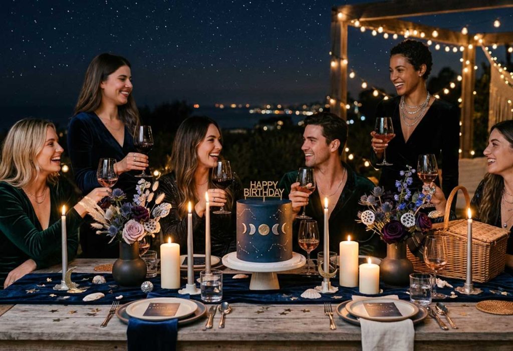 Celestial birthday dinner with candles, stars, moon accents, and a rooftop night setting.