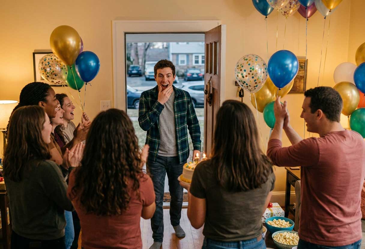 A man is surprised by friends as he enters a birthday party at home.