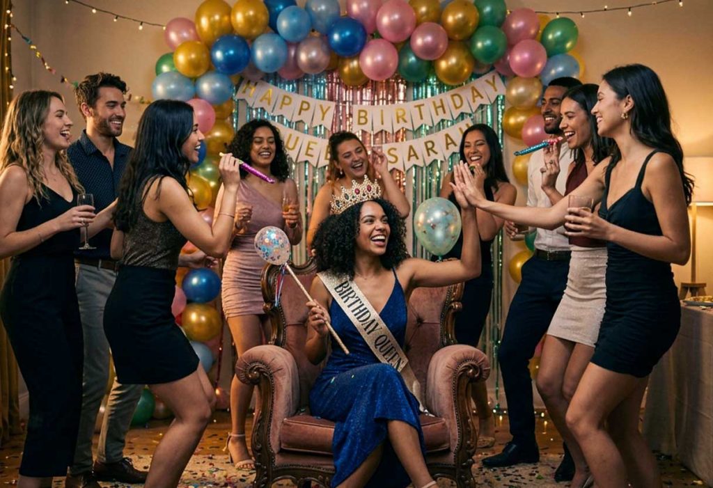 Birthday celebrant wearing a crown as friends dance around her.