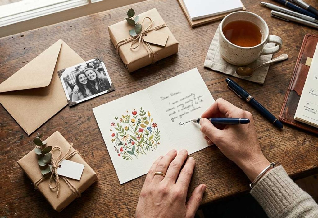 Overhead view of hands writing a birthday card surrounded by a cup of tea, photo, envelope, and small gift.