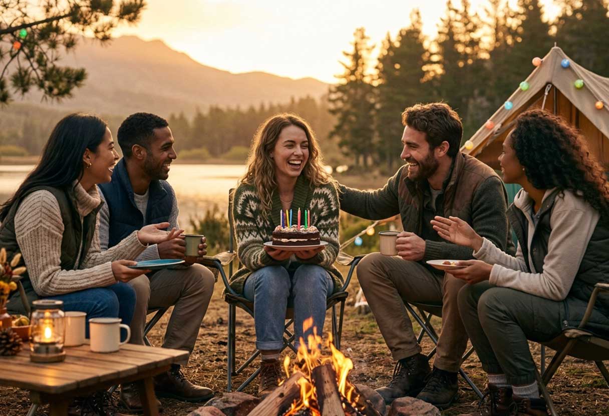 Friends celebrate a birthday together around a campfire