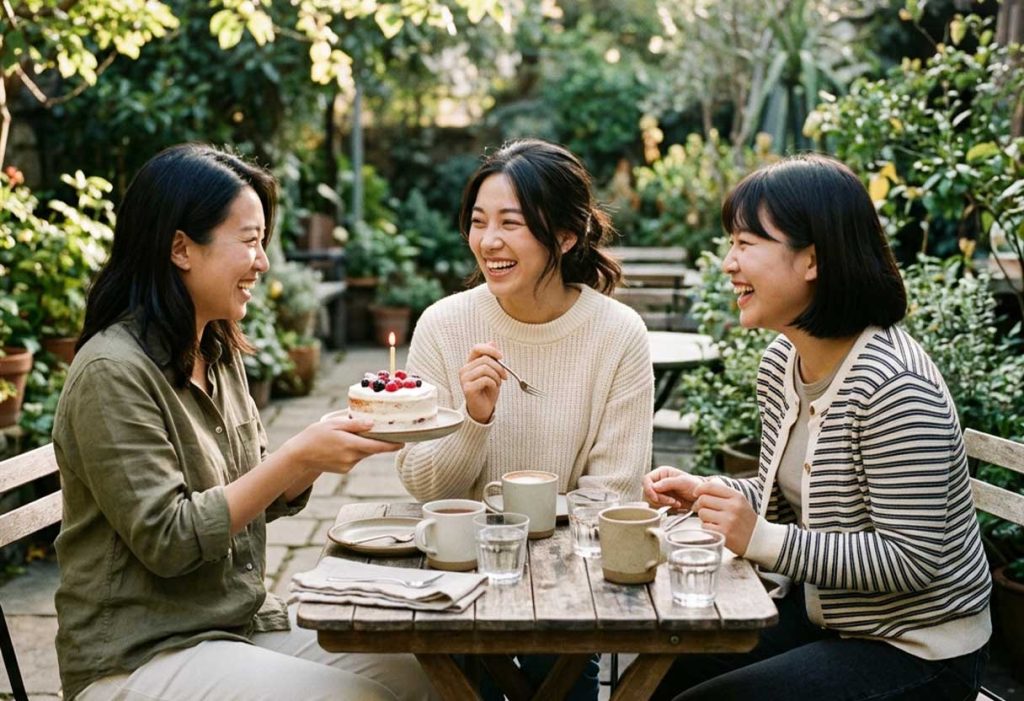 Three close friends celebrate a birthday at an outdoor café