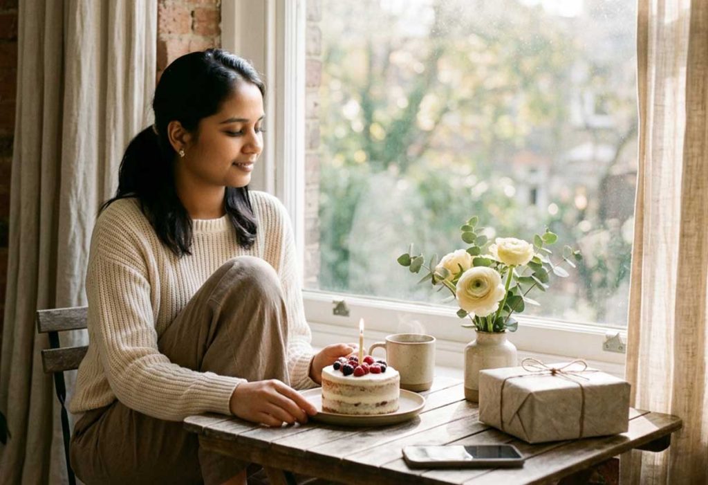 Woman enjoying a peaceful birthday morning at home