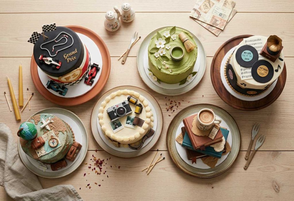 Top-view of personalized birthday cakes featuring F1 racing, matcha, vintage cameras, music, and other hobbies.