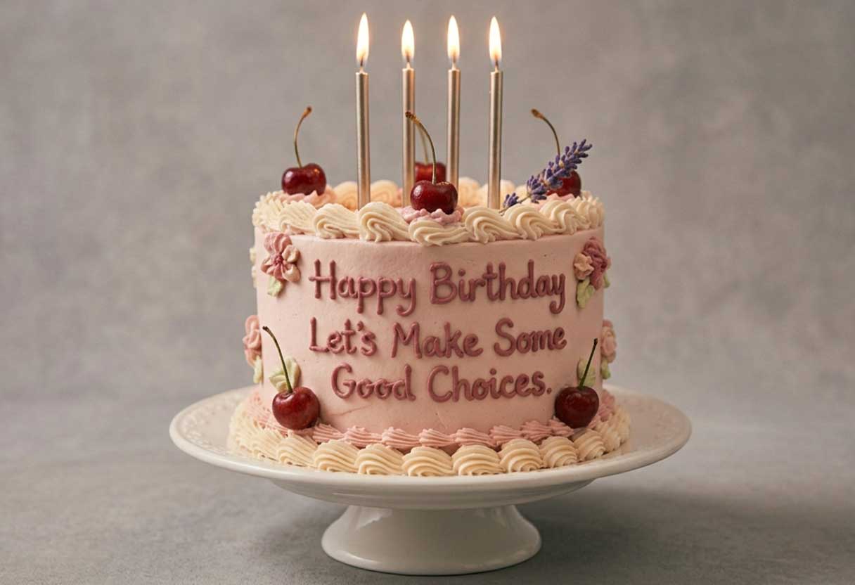 Vintage-style birthday cake with a witty message, candles, snapshots, and party details