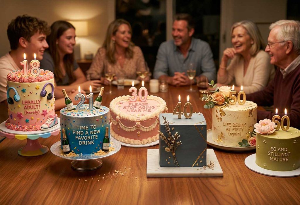 Milestone birthday cakes for ages 18 to 60 displayed on a festive table with adults celebrating in the background