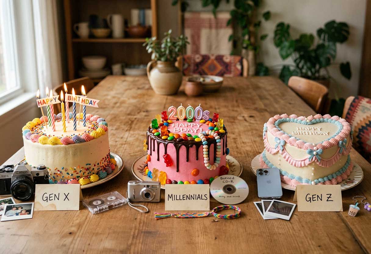 Three birthday cakes representing Gen X, Millennials, and Gen Z, surrounded by nostalgic generation-specific trinkets