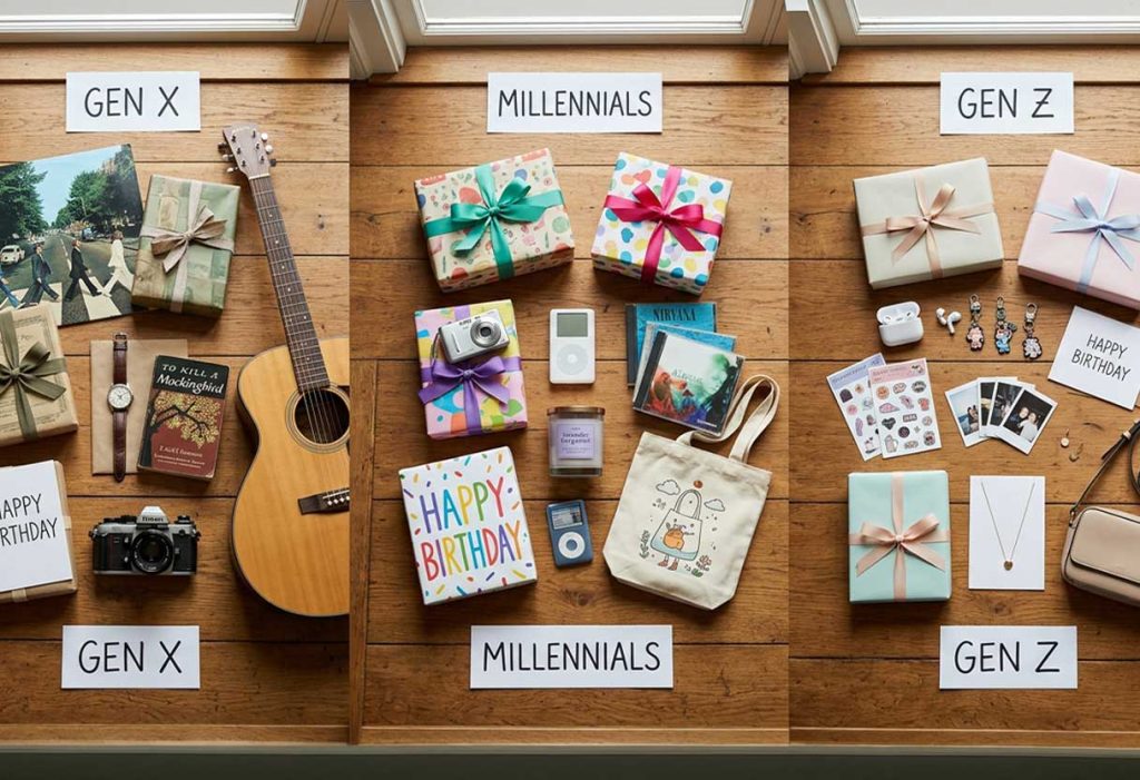 Top-down view of birthday gifts and nostalgic trinkets representing Gen X, Millennials, and Gen Z.