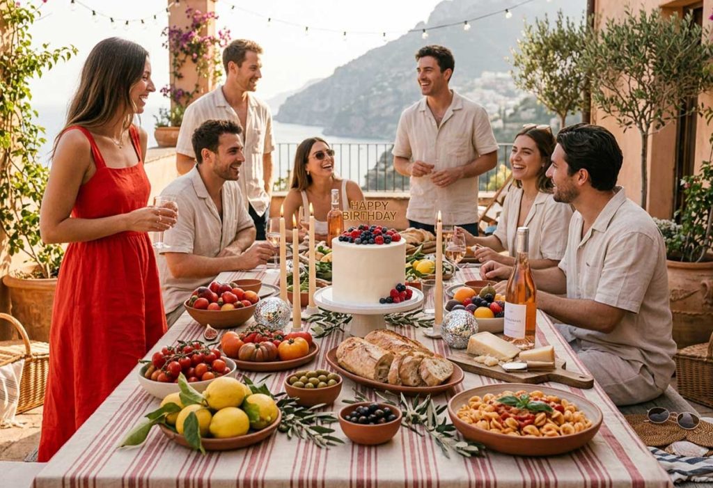 Mediterranean birthday lunch with cake, fresh food, and relaxed outdoor décor.